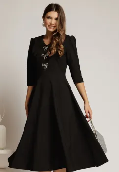 Rochie midi neagra cu guler dublu si funde argintii imagine
