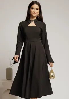Rochie midi neagra cu guler tip camasa si decupaj la decolteu imagine