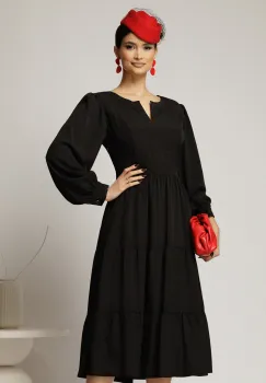 Rochie midi neagra cu volan la fusta si decolteu discret in V imagine