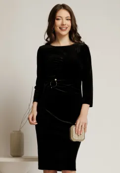 Rochie midi neagra de ocazie din catifea cu accesoriu talie imagine