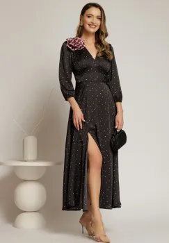 Rochie midi neagra din satin cu buline roz imagine