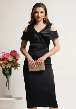 Rochie midi neagra din satin cu paiete la bust si manecute lasate pe umeri- Leonard Collection imagine