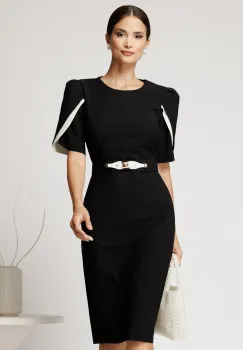 Rochie midi neagra din stofa cu croi conic si detalii ivory la maneci imagine