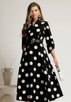 Rochie midi neagra din stofa in clos cu buline mari si curea in talie imagine