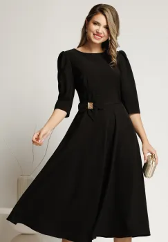 Rochie midi neagra din stofa in clos cu floare in talie imagine