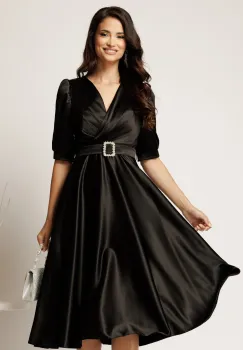 Rochie midi neagra din tafta cu decolteu in V si cordon cu catarama imagine