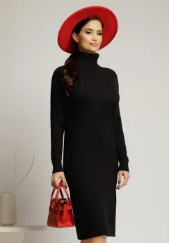 Rochie midi neagra din tricot cu guler intors imagine