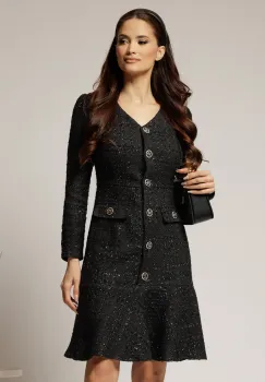 Rochie midi neagra din tweed cu volanas la baza si nasturi imagine
