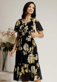 Rochie midi neagra din voal cu imprimeuri florale galbene in clos cu volanase imagine