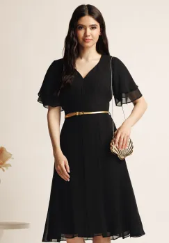 Rochie midi neagra din voal in clos cu volane la maneci si curea in talie imagine