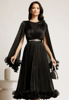 Rochie midi neagra din voal satinat in clos cu floare la bust si curea din strasuri in talie imagine