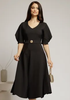 Rochie midi neagra eleganta cu fusta clos, decolteu adanc in V si maneci bufante imagine