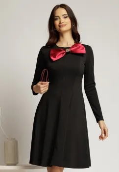 Rochie midi neagra in clini cu funda maxi satinata pe bust imagine