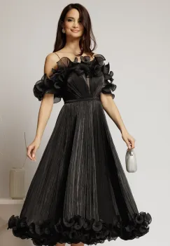 Rochie midi neagra in clos din voal satinat cu volanase la bust si la baza imagine