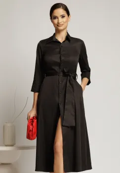 Rochie midi neagra tip camasa din bumbac cu cordon in talie imagine