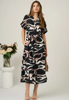 Rochie midi negru cu bej din viscoza in clini cu nasturi si cordon in talie imagine