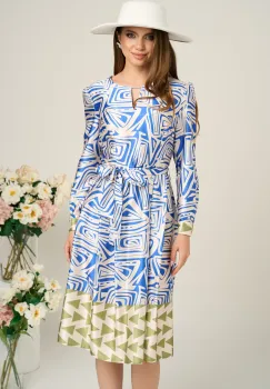 Rochie midi office bej de zi cu imprimeu albastru imagine