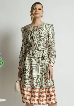 Rochie midi office bej de zi cu imprimeu verde imagine