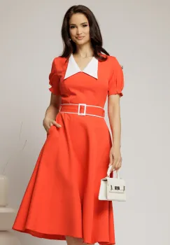 Rochie midi oranj corai cu guler alb in contrast si cordon cu insertii imagine