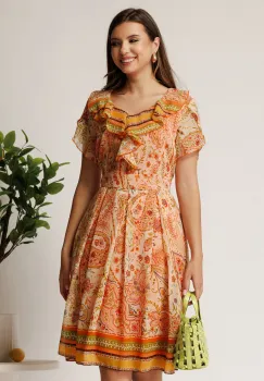 Rochie midi portocalie din voal in clos cu imprimeuri imagine