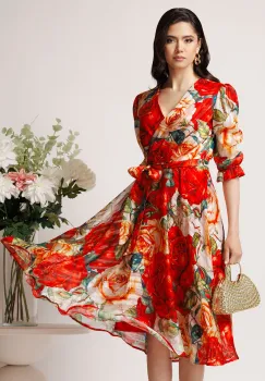 Rochie midi rosie cu trandafiri din voal in clos cu cordon in talie imagine