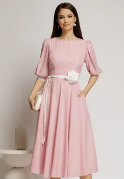 Rochie midi roz cu buline si cordon detasabil in talie imagine