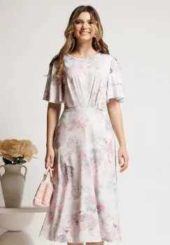 Rochie midi roz cu flori turcoaz din viscoza in clos cu pliuri pe bust imagine