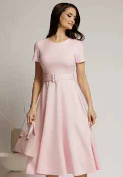 Rochie midi roz cu maneca scurta si curea in talie cu adaos de viscoza imagine