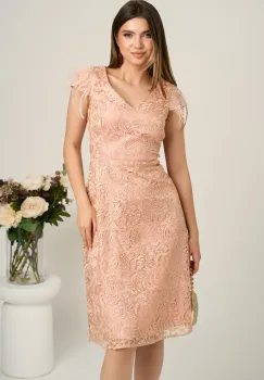 Rochie midi roz din dantela in clini cu pene la umeri imagine