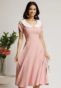 Rochie midi roz din stofa in clos cu guler alb si perle margelute la maneci- LaDonna imagine