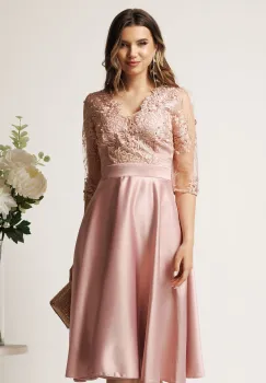 Rochie midi roz din tafta in clos cu dantela la bust - Ella Collection Inna imagine