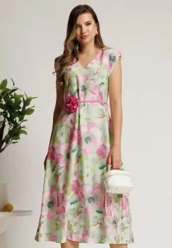 Rochie midi roz din viscoza cu imprimeuri verzi in clos cu floare in talie imagine