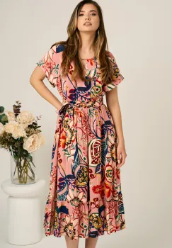 Rochie midi roz din viscoza in clos cu imprimeu colorat si cordon in talie imagine