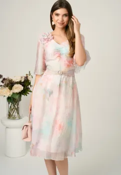 Rochie midi roz din voal cu imprimeuri bleu si floare maxi pe bust- Viada imagine