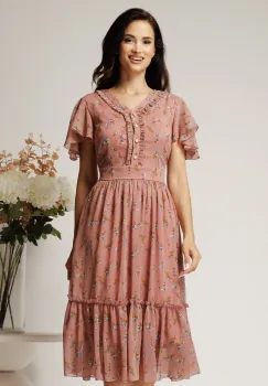 Rochie midi roz din voal cu imprimeuri florale albastre in clos cu volanase imagine