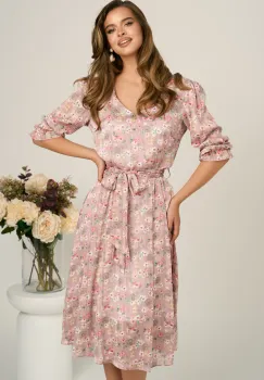 Rochie midi roz din voal in clos cu flori si cordon in talie imagine