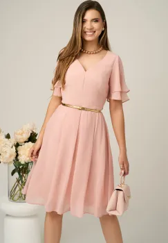 Rochie midi roz din voal in clos cu volane la maneci si curea in talie imagine