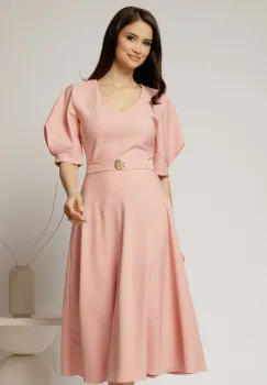 Rochie midi roz eleganta cu fusta clos, decolteu adanc in V si maneci bufante imagine