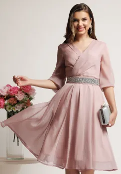 Rochie midi roz in clos cu fir lurex si cordon cu strasuri-Ella Collection Julia imagine