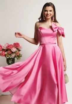 Rochie midi roz in clos din tafta cu funda la umar imagine