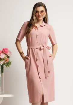 Rochie midi roz tip camasa cu nasturi si cordon in talie imagine