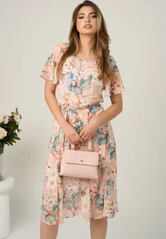 Rochie midi somon din voal cu imprimeuri floreale bleu si cordon in talie imagine