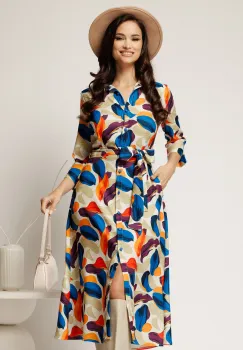 Rochie midi tip camasa cu imprimeuri portocalii si curea in talie imagine