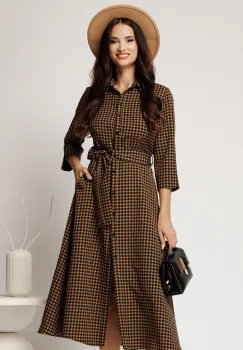 Rochie midi tip camasa maro cu imprimeuri pepit si curea in talie imagine