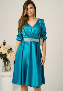 Rochie midi turcoaz din tafta in clos cu cordon in talie- Ella Collection Aria imagine