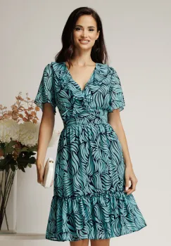 Rochie midi turcoaz din voal cu imprimeu si volane imagine