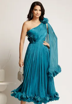 Rochie midi turcoaz din voal satinat cu volanase la baza si flori in talie si pe umar imagine