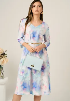 Rochie midi turcoaz in clos din stofa cu flori bleu si curea in talie imagine