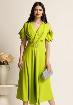 Rochie midi verde crud din voal in clos cu decupaje la umeri si cordon in talie-LaDonna imagine