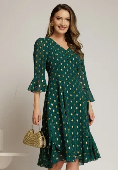 Rochie midi verde cu buline aurii din voal cu croi lejer si decolteu in V imagine